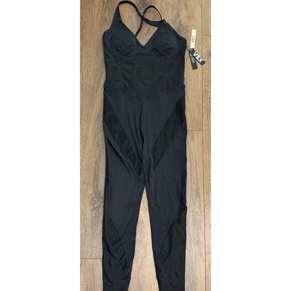NEW Victoria's Secret VSX Suede Effect Corset Catsuit Bodysuit L Large Black - Picture 1 of 3